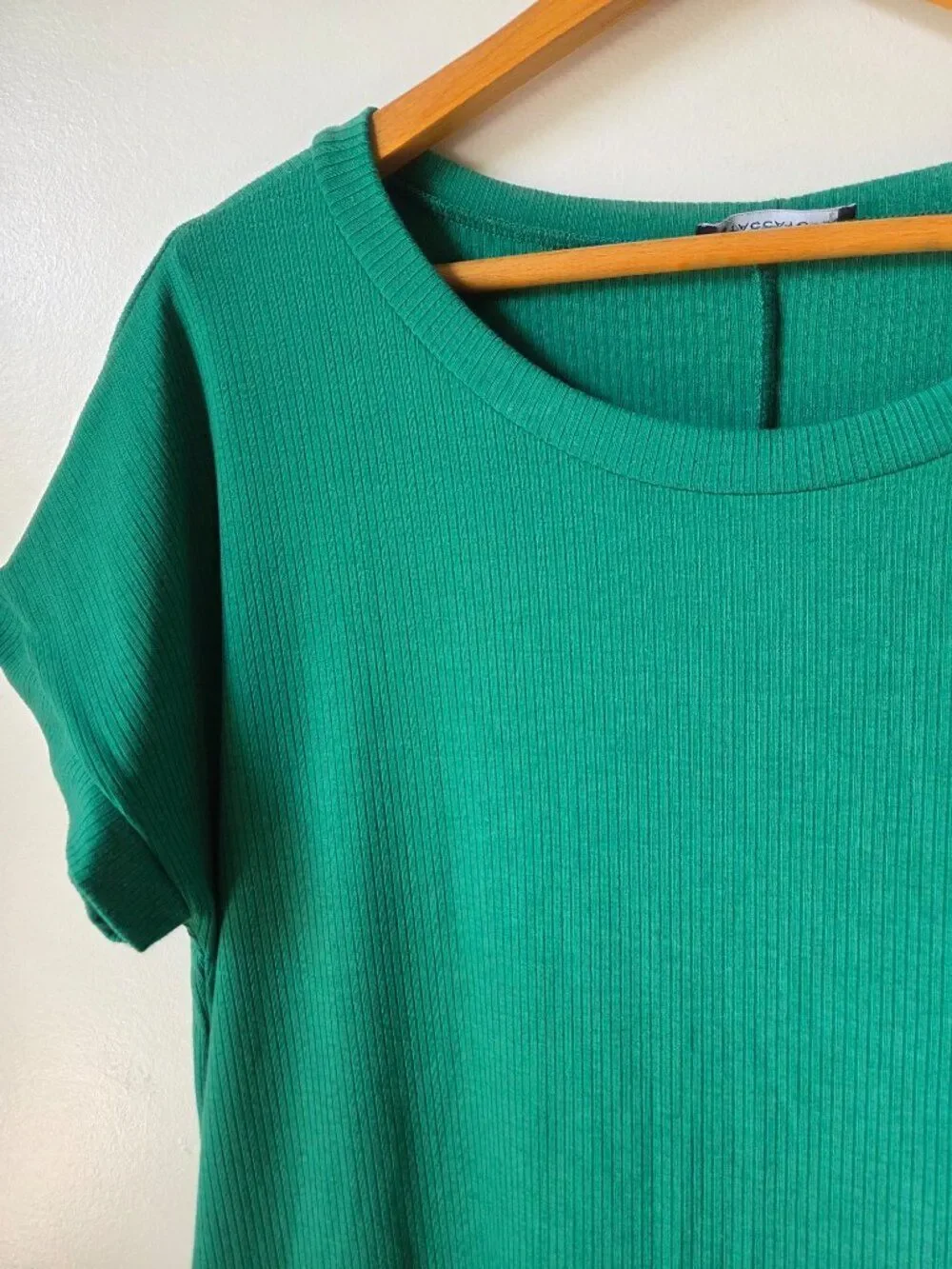 EUC STACCATO GREEN CAP SLEEVES RIBBED T SHIRT DRESS SHORT SZ L